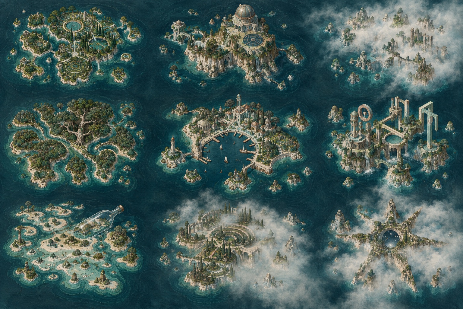 An illustrated archipelago: quiet gardens northwest, observatory north, misty dream islands northeast, branching forest west, arrival harbor at the center, workshops east, a bottle shoreline southwest, and planned memory and paradox islands to the south.